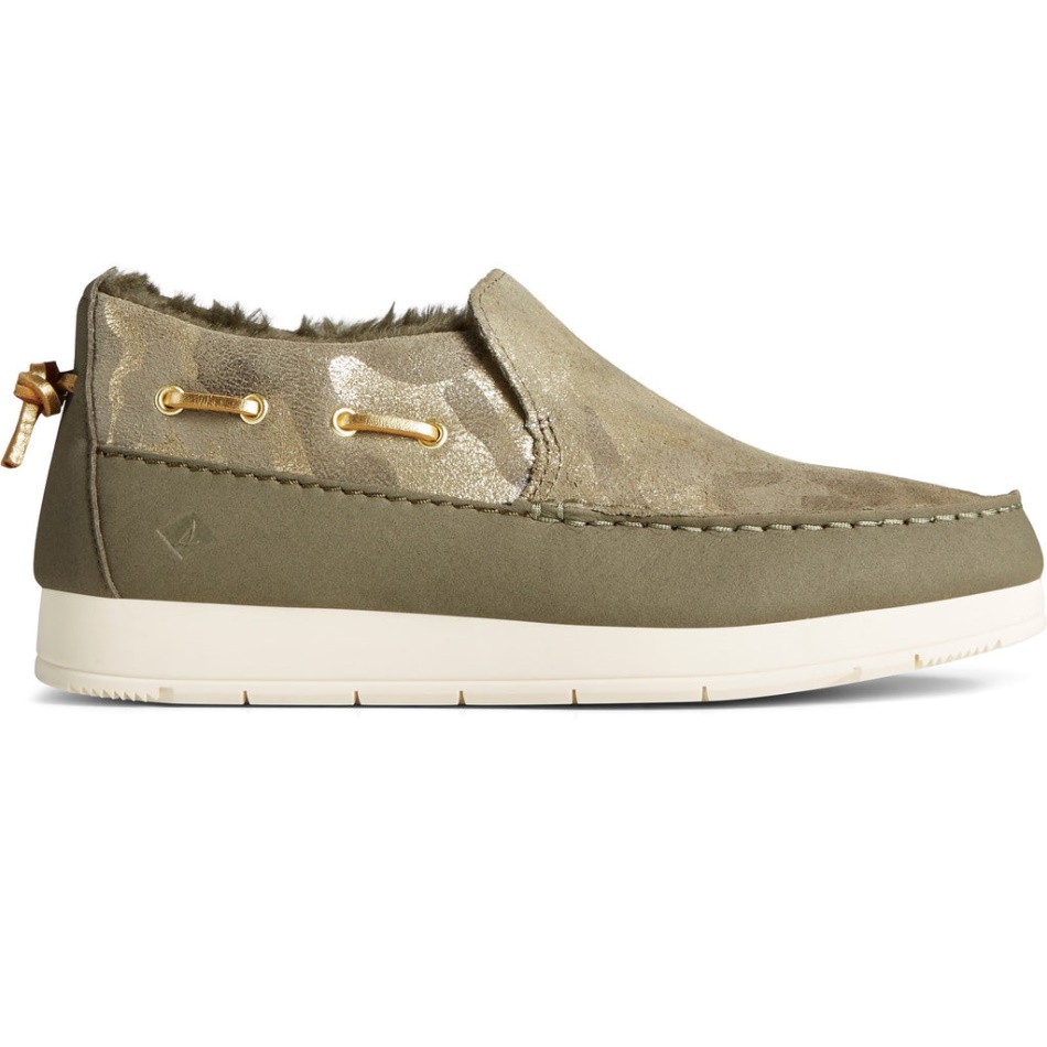Sperry Womens Moc-Sider Metallic Shoes Olive