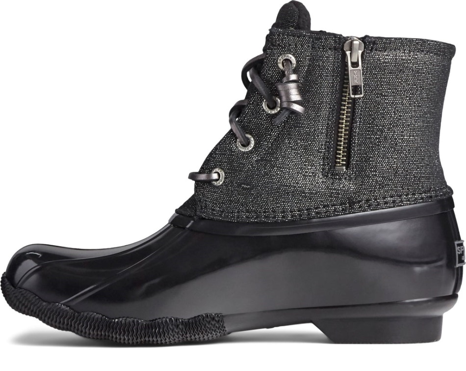 Women\s Saltwater Sparkle Duck Weather Boot Black Silver Sperry